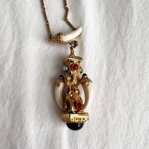 Kenneth Jay Lane vintage Etruscan Gold Necklace elephant tusk and cabuchon
